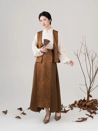New Chinese Style Women Pipa Sleeve Shirt, Vest & Skirt Modern Hanfu Set - Liushu 琉珠 (Preorder)
