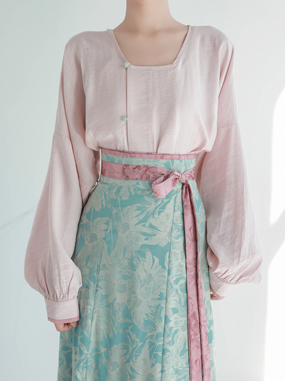 Tang Dynasty Modern Hanfu Round Collar Top and Eight Panel Skirt - Tiffany Glaze 青釉染 (Preorder)