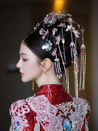 Winter Silver Butterfly - Tassel Bridal Hair Accessories Vintage Chinese Wedding Headpiece for Hanfu
