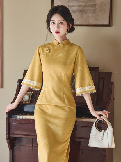 Mid Sleeve Antique Gold Cheongsam | Autumn