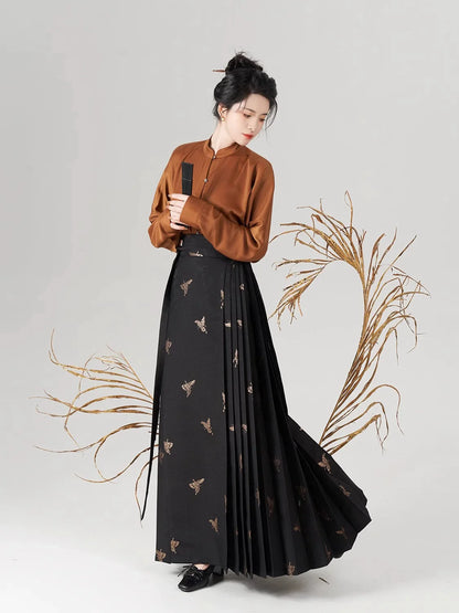 Song-Ming Dynasty Modern Hanfu Set with Long Sleeve Top and Mamian Skirt - Hundred Butterflies 百蝶绘 (Preorder)