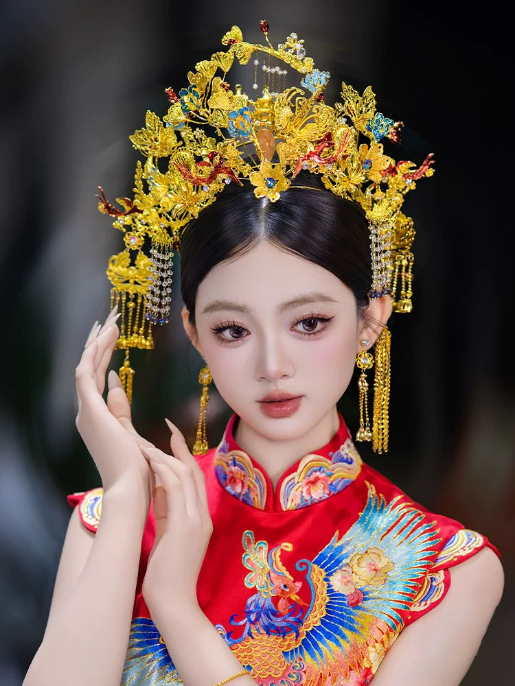 Red Phoenix - Luxury Crown Bridal Headpiece Red and Blue Gem Accent with Gold Tassels for Chinese Wedding Qipao