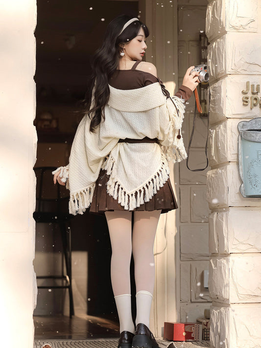 New Chinese Style Off Shoulder Knitted Cloak and Skirt - City Witch 城市女巫