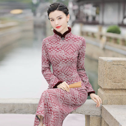 Long Sleeve Fur Trim Oriental Clouds Qipao | Winter Windows