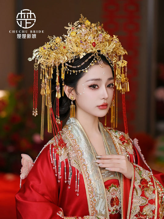 Blush Phoenix Glow - red gold hanfu bridal phoenix crown with forehead tassel — side profile