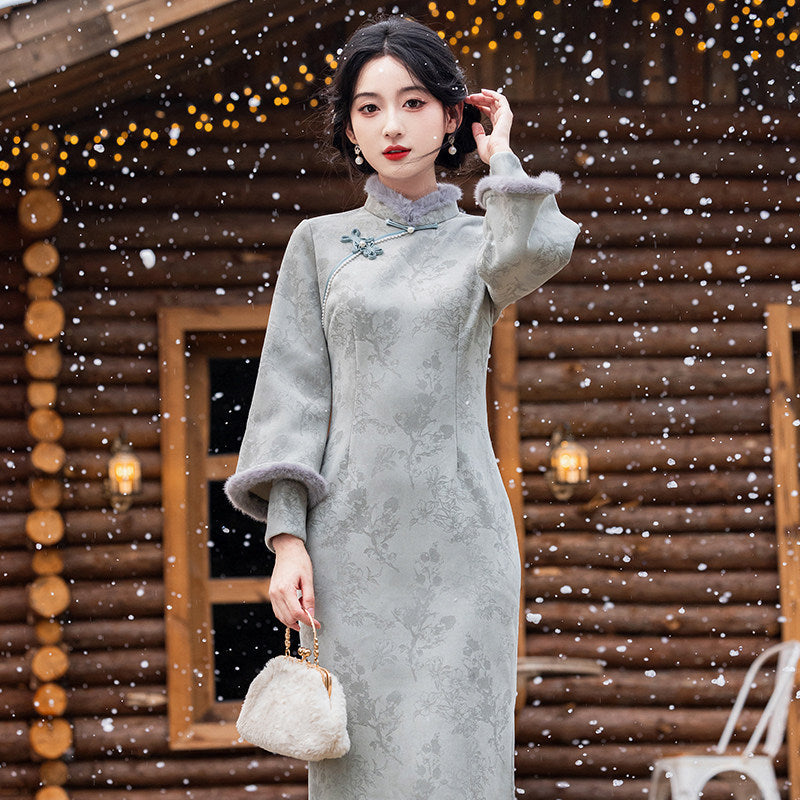 Long Sleeve Fur Trim Midi Qipao | Stardust