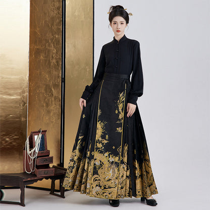 Ming Dynasty Modern Long Sleeve Top and Mamianqun - Midnight Longyin 龙吟夜