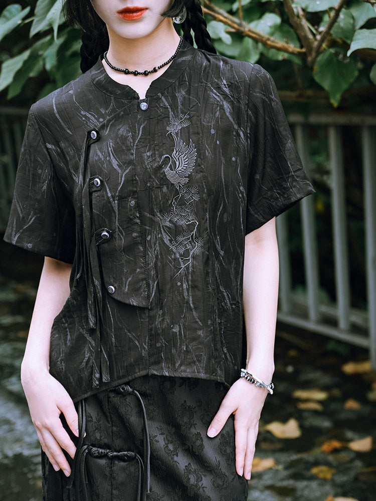New Chinese Style Short Sleeve Shirt for Summer - Asking Crane 问鹤