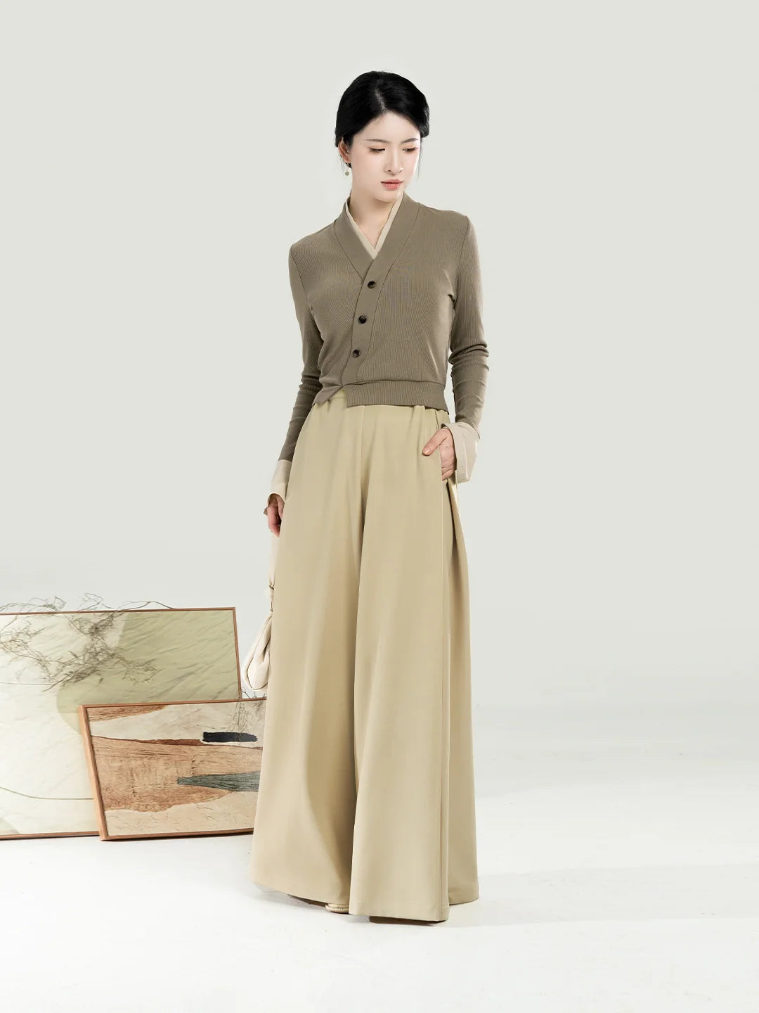 New Chinese Style Women Knitted Top with Palazzo Pants Set - Chunming 椿茗 (Preorder)