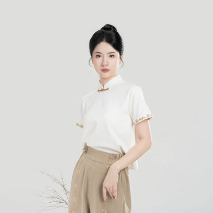 New Chinese Style Women Short Sleeve Top and Wide Leg Pants Modern Hanfu Set - Pinewood 松香木 (Preorder)