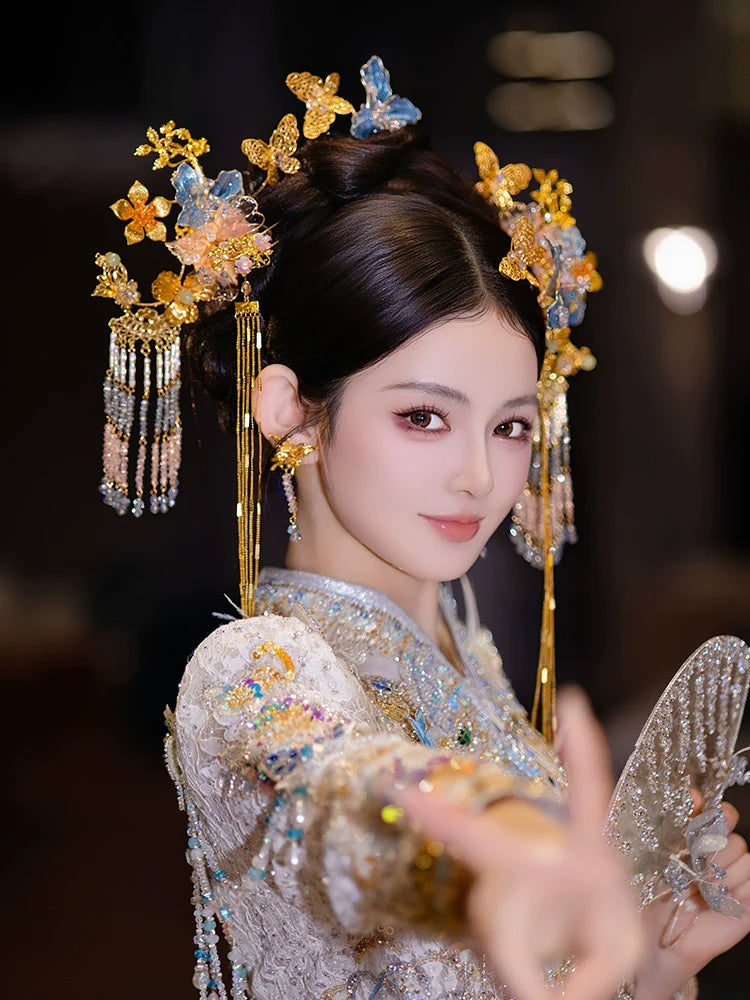 Enchanted Lotus Bloom - Blue and Gold Floral Tassel Bridal Hairpin Fairy-Style Chinese Wedding Accessories