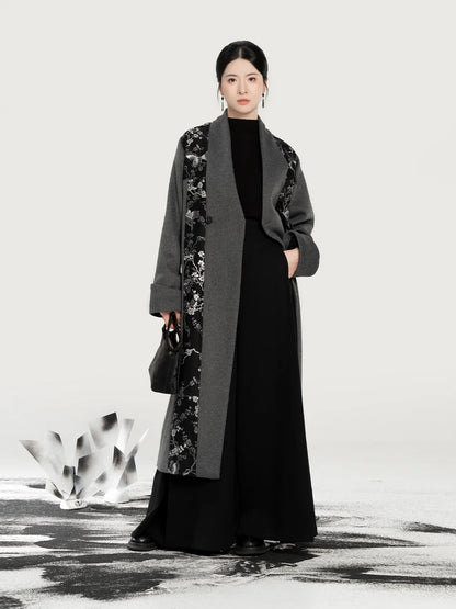 New Chinese Style Wool Coat Magpie & Plum Blossom Silver Woven Overcoat - Hanzhi 寒至 (Preorder)