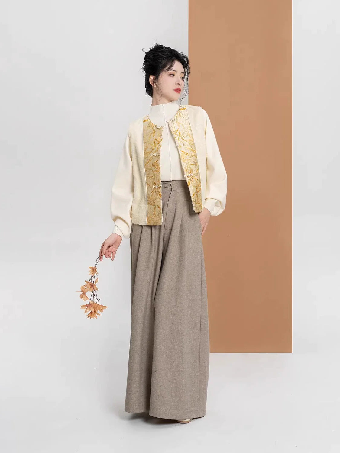 New Chinese Style Bamboo Motif Brocade Vest, Sweater & Tailored Wide Leg Pants - Golden Bamboo Branch 金枝竹 (Preorder)
