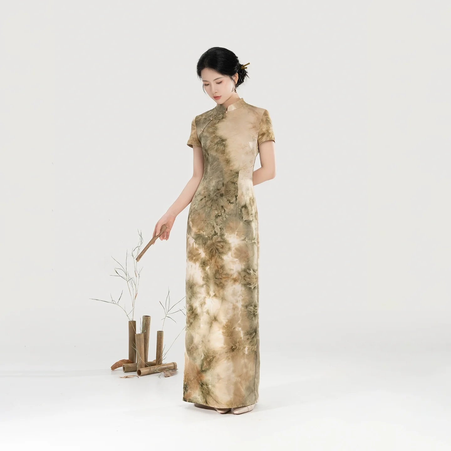 New Chinese Style Short Sleeve Qipao Jacquard Tie-Dye Summer Dress - Misty Green Hills 青山雾 (Preorder)
