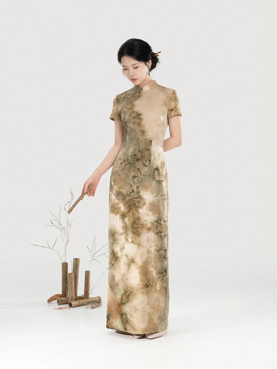 New Chinese Style Short Sleeve Qipao Jacquard Tie-Dye Summer Dress - Misty Green Hills 青山雾 (Preorder)