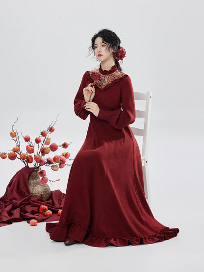 New Chinese Style Long Sleeve Dress Hanfu Inspired for New Year Festivals - Winter Persimmon 冬柿 (Preorder)