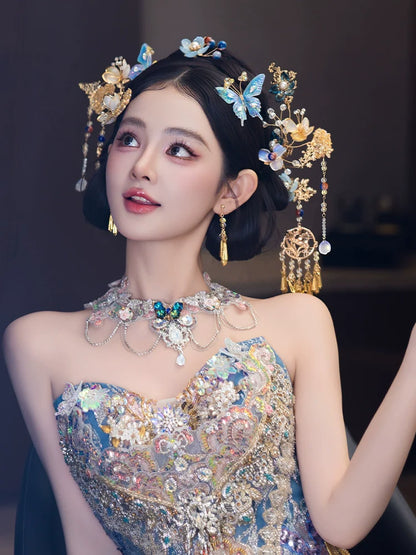 Dreamy Blue Butterfly Bridal Headpiece Chinese Wedding Hair Accessories for Xiuhe and Qun Kwa Bride