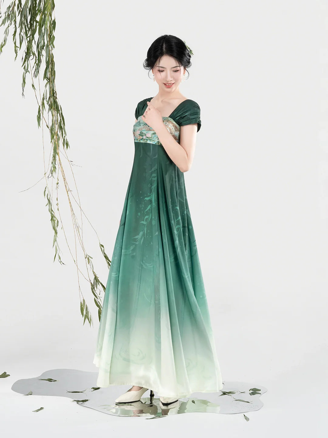 New Chinese Style Women Jiangnan Lake-Inspired Gradient Maxi Dress - Chijiao 柳池娇 (Preorder)