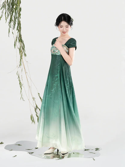 New Chinese Style Women Jiangnan Lake-Inspired Gradient Maxi Dress - Chijiao 柳池娇 (Preorder)