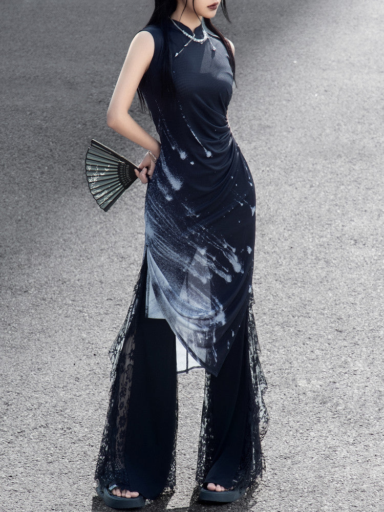 New Chinese Style Meteor Knitted Cheongsam Sleeveless Dress - Night Galaxy 暗夜星河 (Preorder)