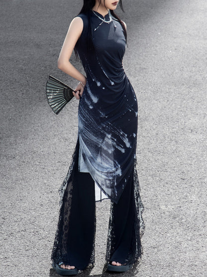 New Chinese Style Meteor Knitted Cheongsam Sleeveless Dress - Night Galaxy 暗夜星河 (Preorder)