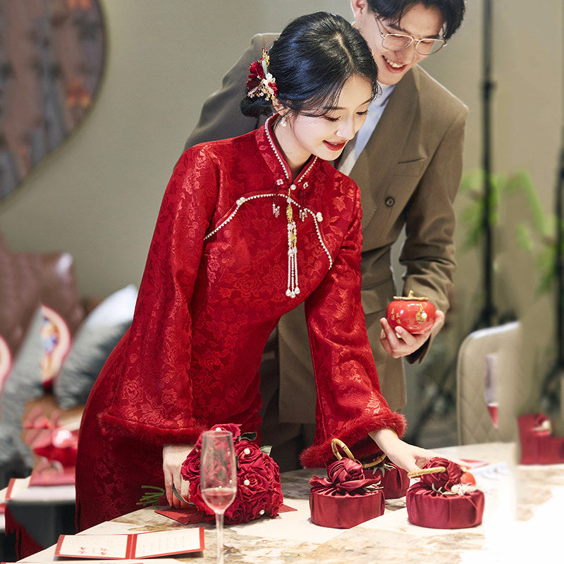Chinese Wedding Engagement & Tea Ceremony Long Sleeve Cheongsam | Xili