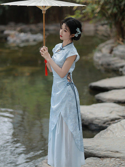 Short Sleeve A Line Long Cheongsam | Hanshuang