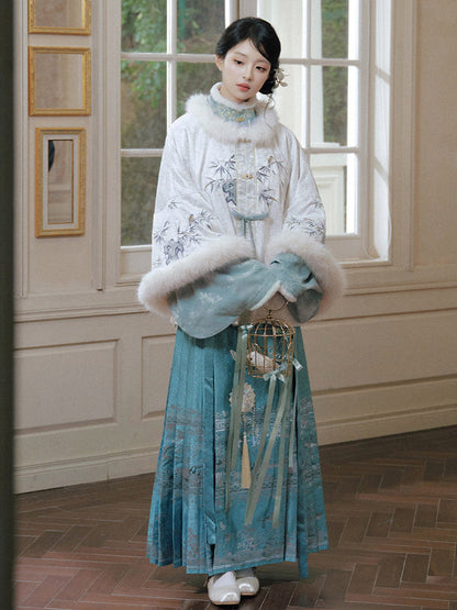 Ming Dynasty Hanfu Set with Jacket & Ocean Blue Mamian Skirt for Women | Zhaojun 昭君
