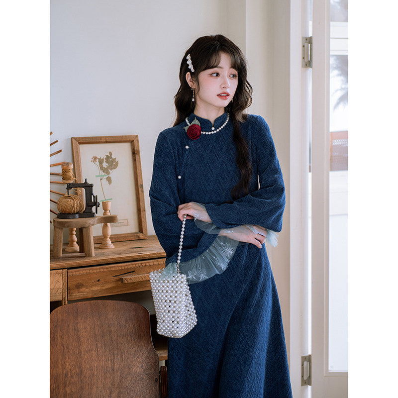 Long Sleeve Lace Trim Long Qipao | Navy
