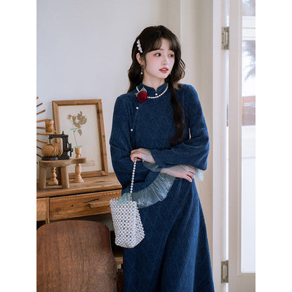 Long Sleeve Lace Trim Long Qipao | Navy