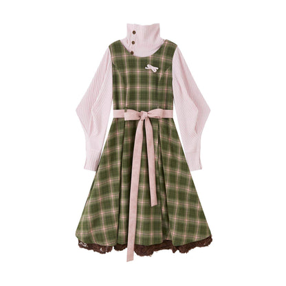New Chinese Style Plaid Vintage Jacket with Dress - Honey Four Leaf Clover 蜂蜜四叶草