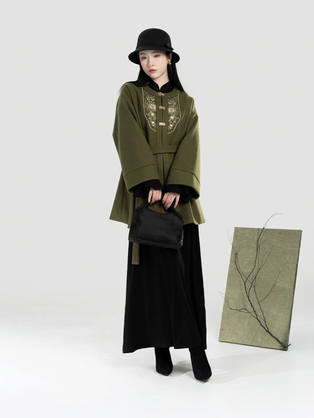 New Chinese Style Women A-Line Dress with Flared Sleeves - Moss Stone 苔石 (Preorder)
