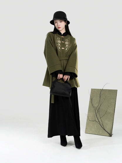 New Chinese Style Women A-Line Dress with Flared Sleeves - Moss Stone 苔石 (Preorder)