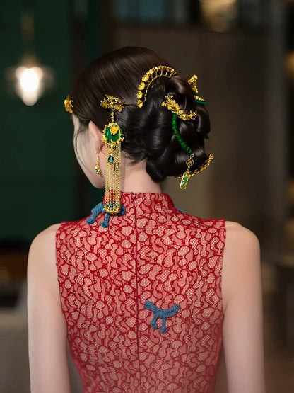 Vintage Gold Butterfly - Bridal Hairpin Set Chinese Wedding Tassel Hair Accessories for Xiuhe Dragon Phoenix Dress