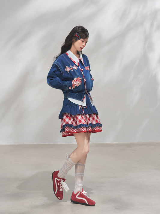 Modern Hanfu Denim Jacket, Trousers & Chinese Style Denim Skirt 苹果园