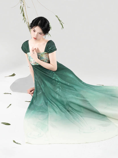 New Chinese Style Women Jiangnan Lake-Inspired Gradient Maxi Dress - Chijiao 柳池娇 (Preorder)