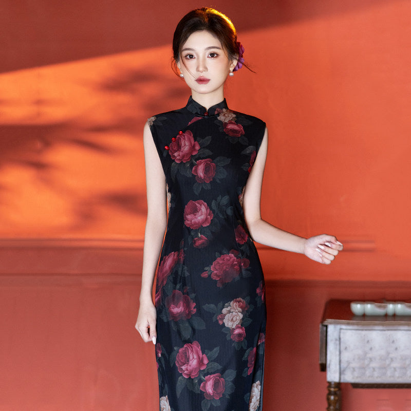Sleeveless Floral Midi Cheongsam | Night Rose
