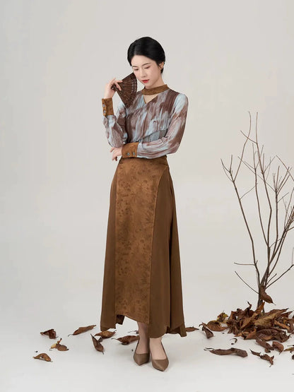 New Chinese Style Women Long Sleeve Top & Asymmetrical Hanfu Inspired Skirt - Luotong Pass 洛潼关 (Preorder)