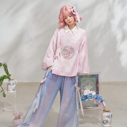 Ming Dynasty Modern Hanfu Brocade Mamian Skirt & Faux Two-Piece Chinese Style Top 雪霁逢春