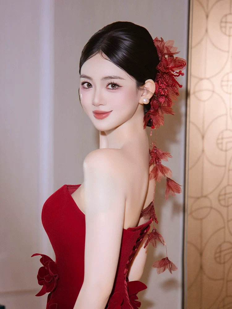 Fire Blossom - Red Floral Bridal Hair Accessories New Chinese Style Long Hairpins for Wedding and Banquet Cheongsam Dress