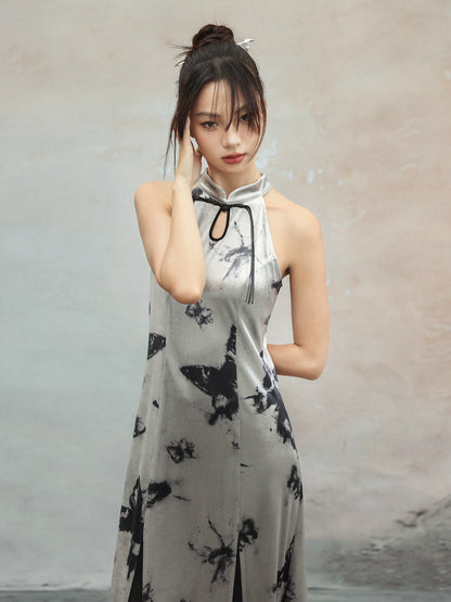 New Chinese Style Summer Retro Halter Neck Silver Butterfly Shadow Print Sleeveless Cheongsam Dress