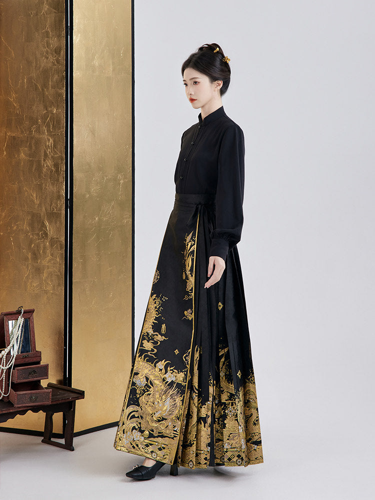 Ming Dynasty Modern Long Sleeve Top and Mamianqun - Midnight Longyin 龙吟夜