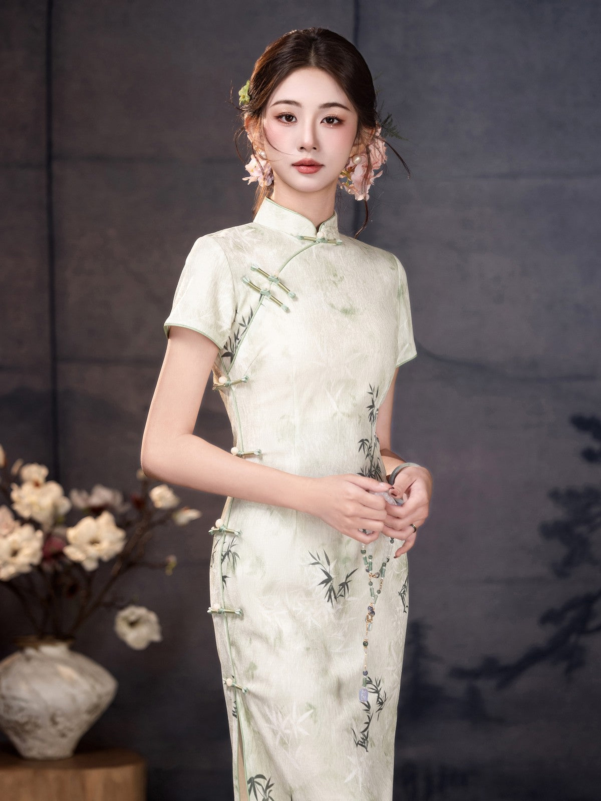 Short Sleeve Floral Midi Cheongsam | Ink