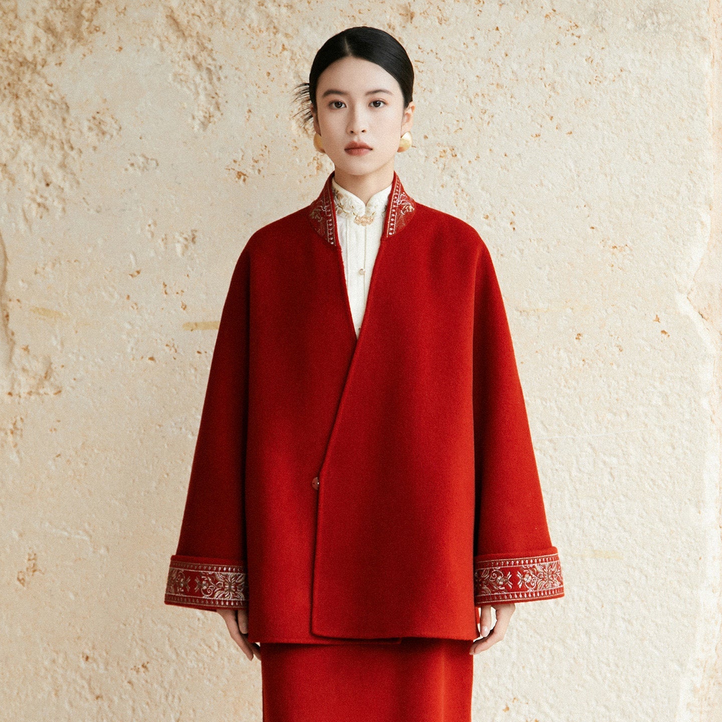 Festive Hanfu Wool Coat for Engagement, Tea Ceremony or Chinese New Year - Jujube Red 岁丰