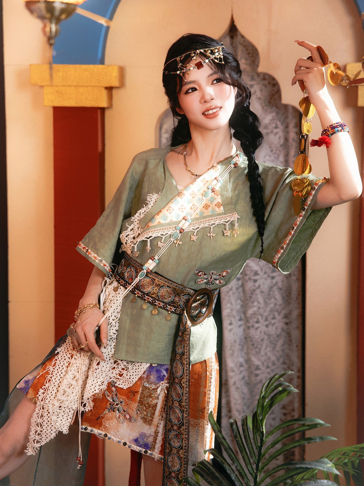 New Chinese Style Dunhuang Summer Blouse and Short Skirt Set - Linglu Sanskrit 菱路梵音