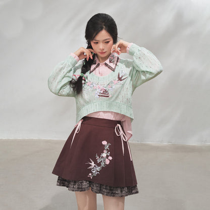 Hanfu Inspired Chinese Style Blouse & Retro Knit Mini Skirt Set 春日巴斯克
