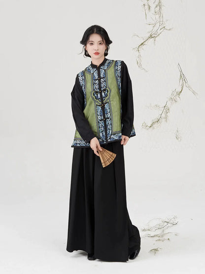 Modern Qing Han Inspired Embroidered Collarless Jacquard Vest - Porcelain 茗瓷 (Preorder)