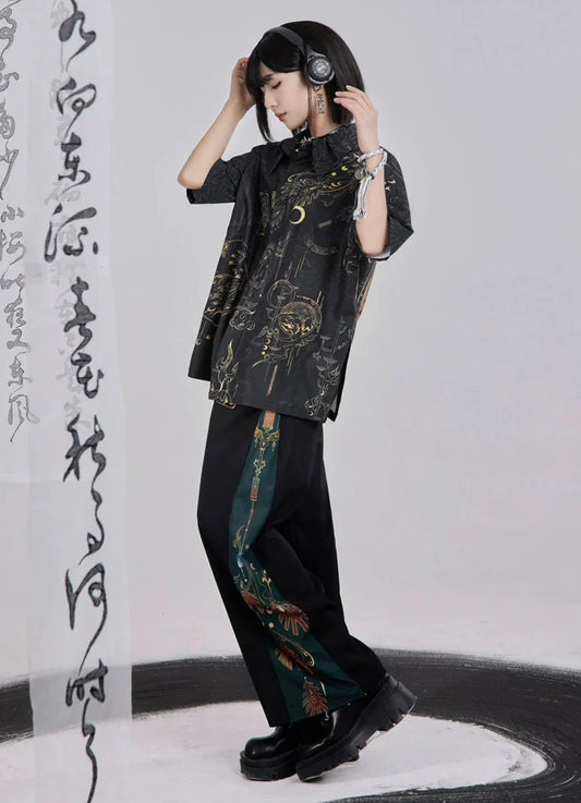 Bronze 青铜 - New Chinese Style Printed Shirt Wide Leg Pants Outfit