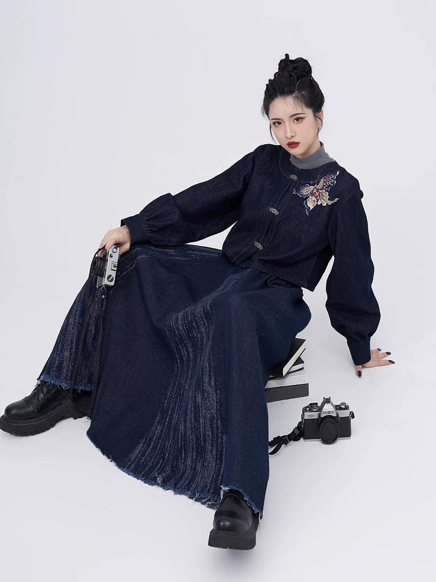 Tang Dynasty Modern Denim Hanfu Round Collar Jacket and Eight Panel Skirt - Canglan 苍岚 (Preorder)