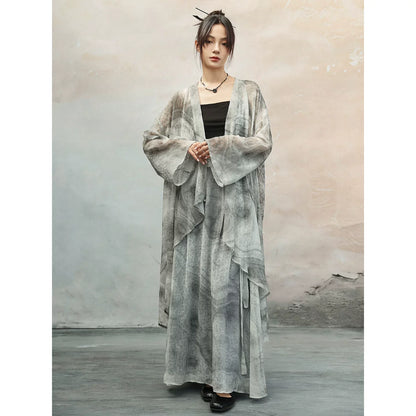 New Chinese Style Light and Breathable Graphite Texture Print Long Cardigan